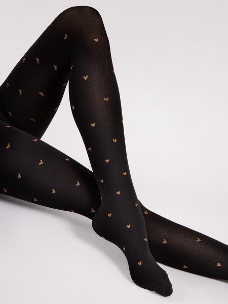 Fiore - Collant coprente con motivo cuori in lurex color rame